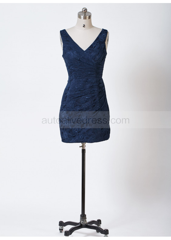 V Neck Navy Blue Pleated Lace Short Bridesmaid Dress